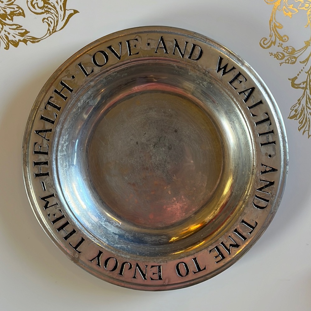 VINTAGE 9” WILTON USA PEWTER METAL PLATE DISH ENGRAVED